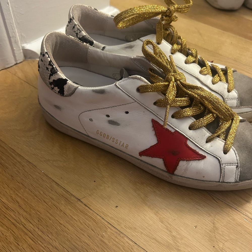 Golden Goose White Sneakers with Red Star and Gold Laces